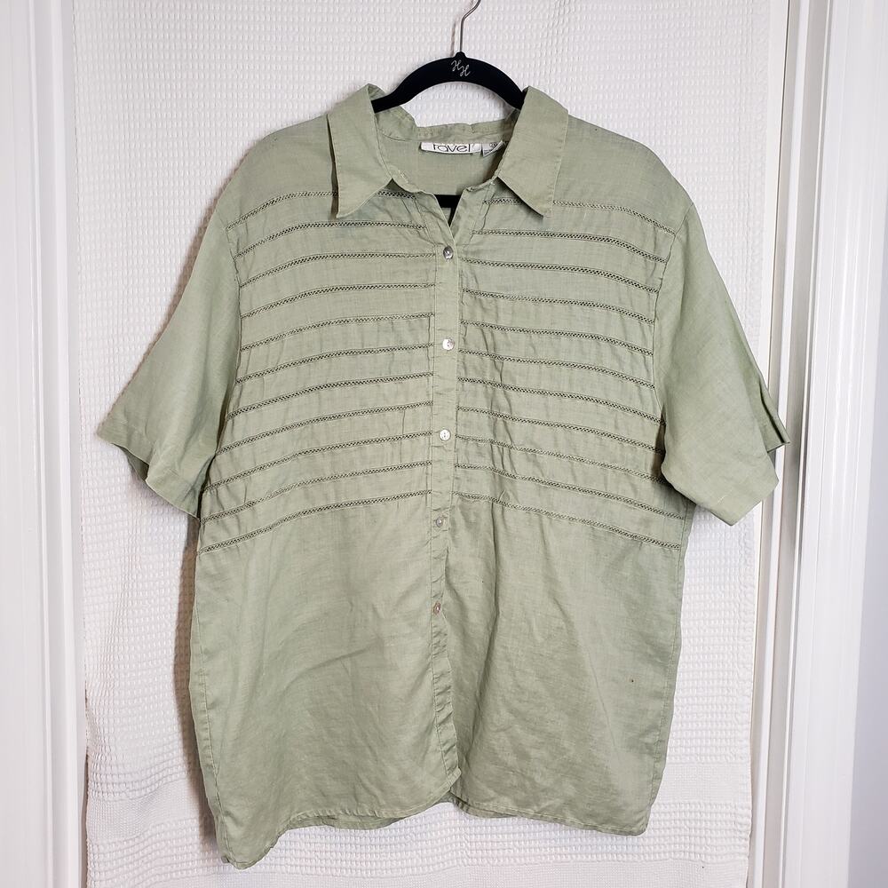 Vintage Ravel Button Up Shirt Women 2X Sage Green Short Sleeve Ramie Coastal